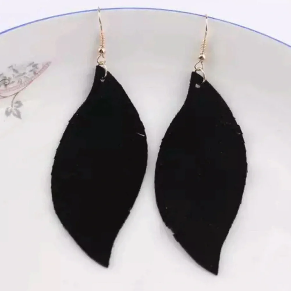 NEW in BOX Bohemia Genuine Leather Leaf Earrings in Black